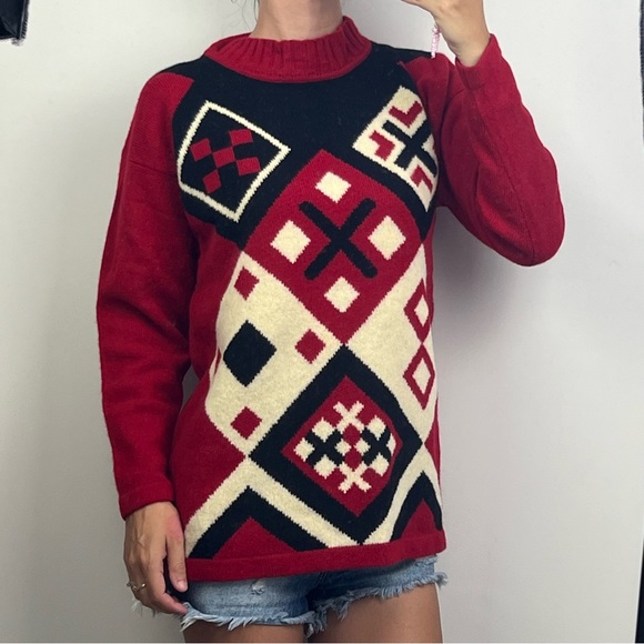 David Jones 100% Lambswool Knit Sweater Jumper Red Argyle Vintage Style L/XL - Picture 2 of 12